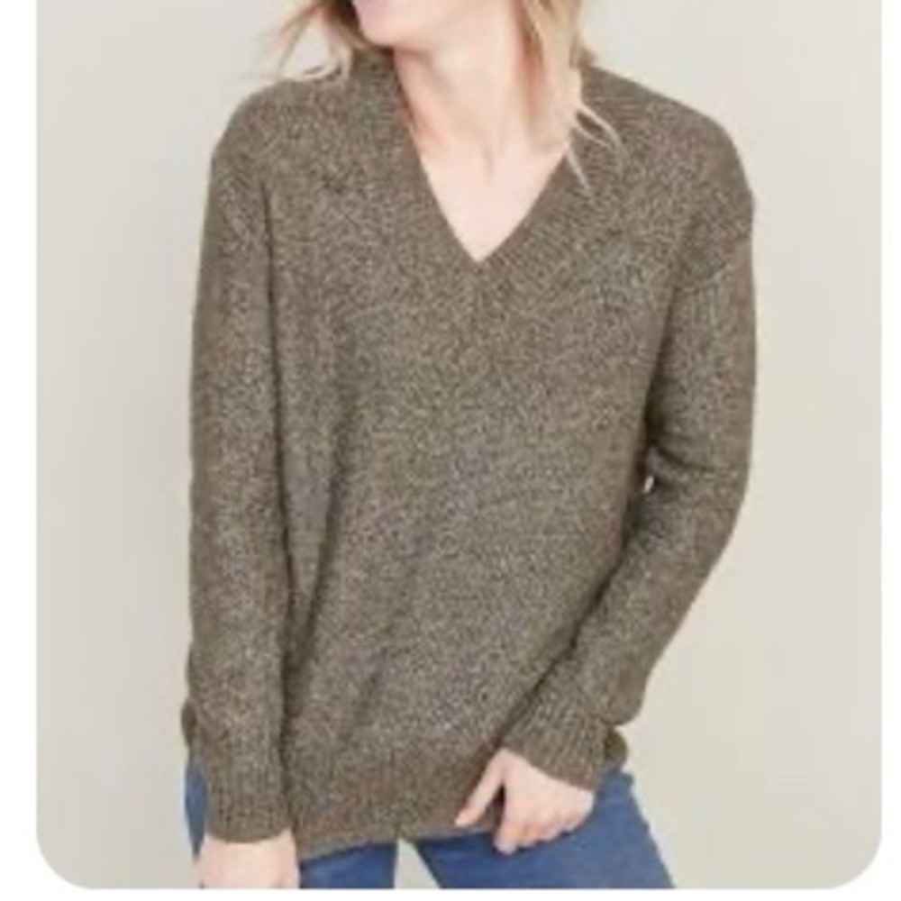 Old Navy Sweater V Neck Speckled Knit  Green Large Forest Grunge 90s Cabin Brown